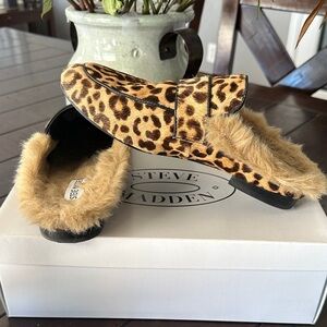 Steve Madden Leopard-Print Faux Fur Backless Loafers in Tan and Black